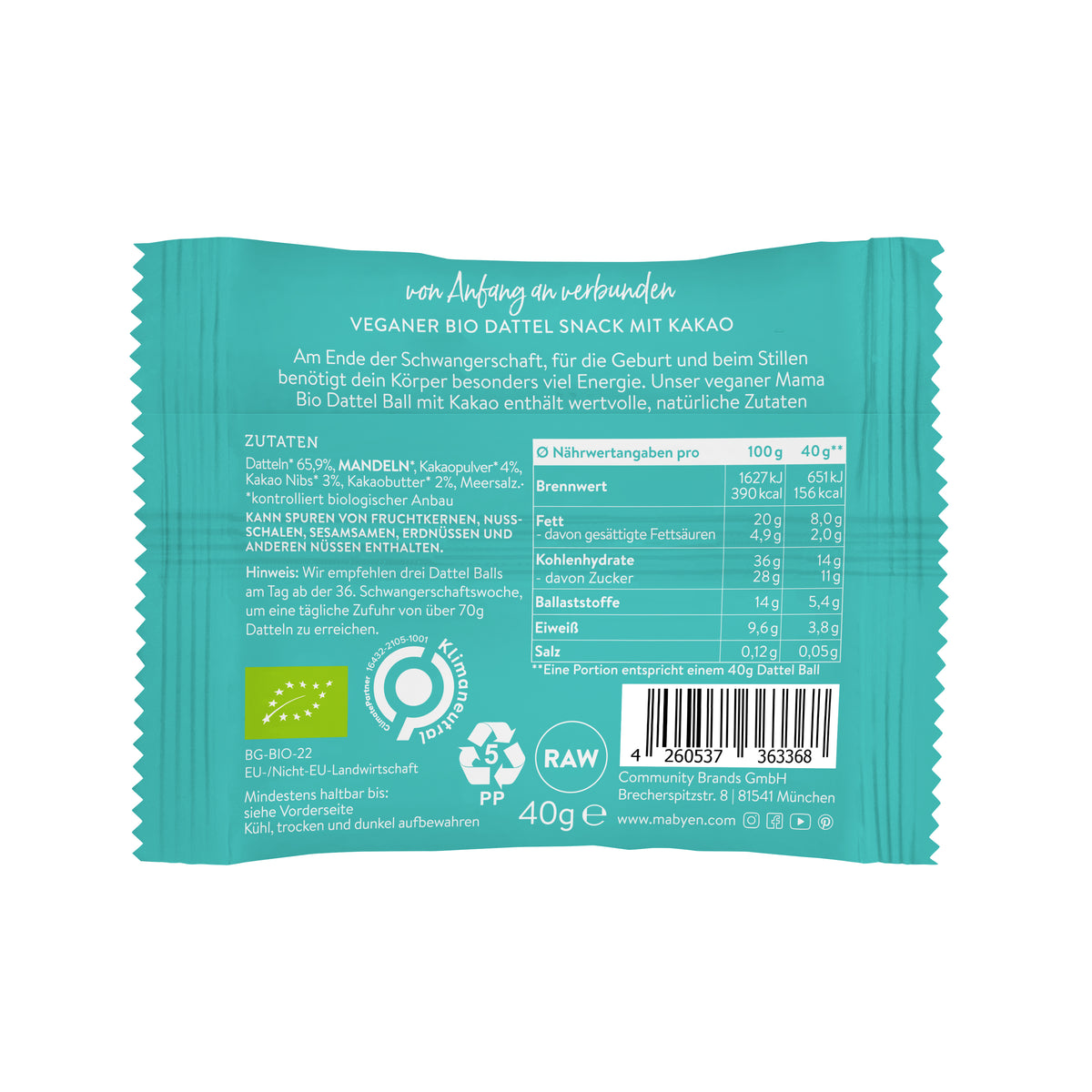 Mama Bio Dattel Ball Kakao Rückseite